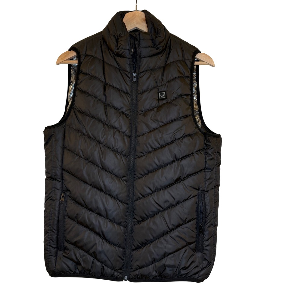 Black USB Heated Puffer Vest Women Medium Chevron Quilt Reflective Lining Zipper